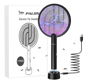 PALONE Electric Fly Swatter 4000V Bug Zapper Racket 2 in 1 Fly Swatter with 1200mAh Battery Rechargeable Mosquito Killer Lamp with 3 Layers Safety Mesh for Indoor and Outdoor (Black)